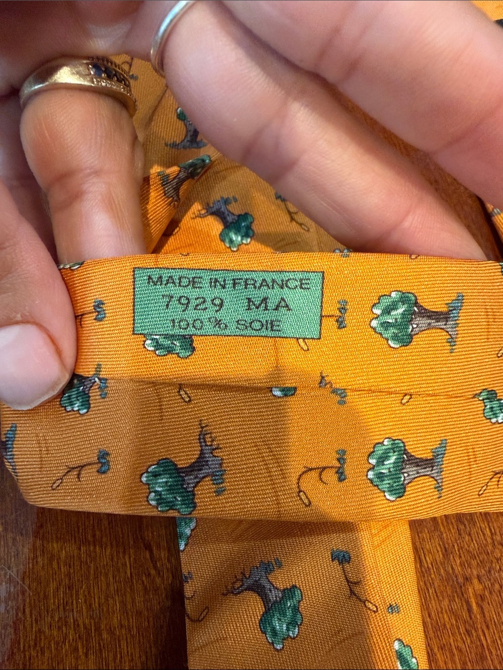 Vintage Hermes Orange Silk Tie with green Tree Motif - Picture 3 of 6